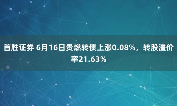 首胜证券 6月16日贵燃转债上涨0.08%，转股溢价率21.63%
